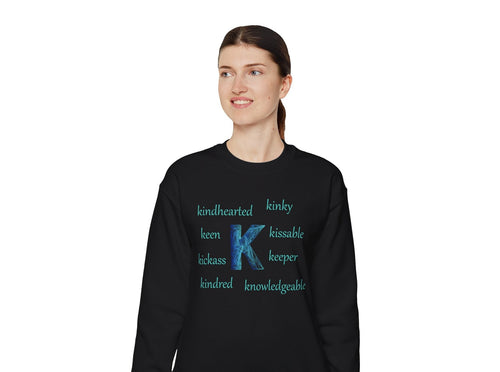 black sweatshirt with the letter K surrounded by motivational k words