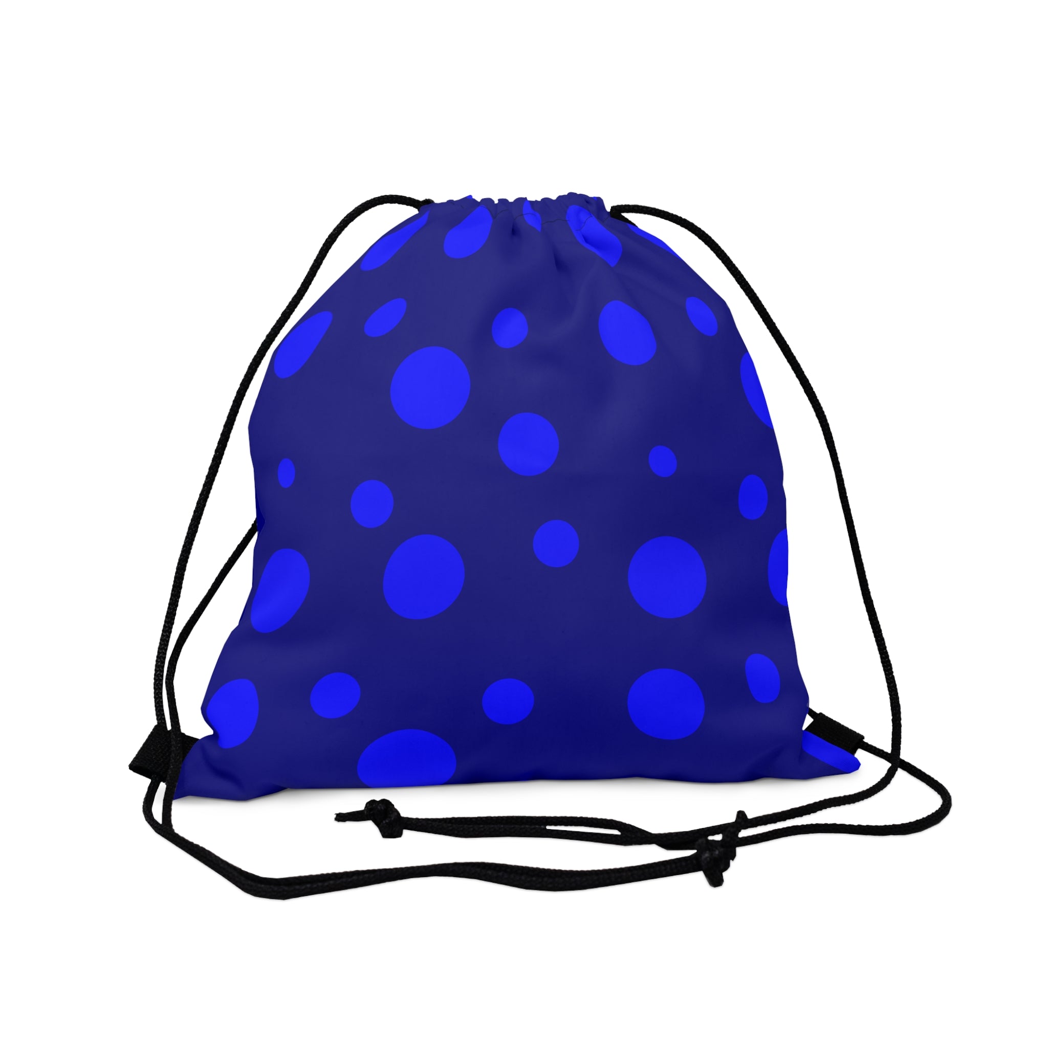 dark blue drawstring bag with lighter blue polka dots
