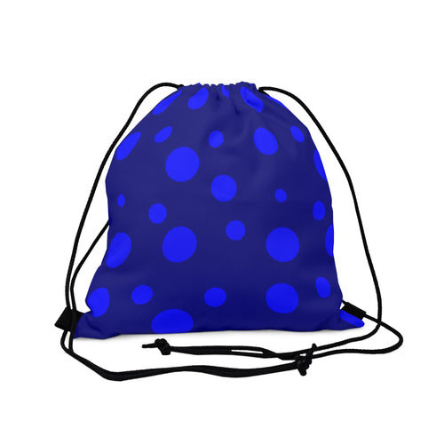 dark blue drawstring bag with lighter blue polka dots