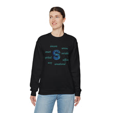 Load image into Gallery viewer, black sweatshirt with the letter S surrounded by motivational s words
