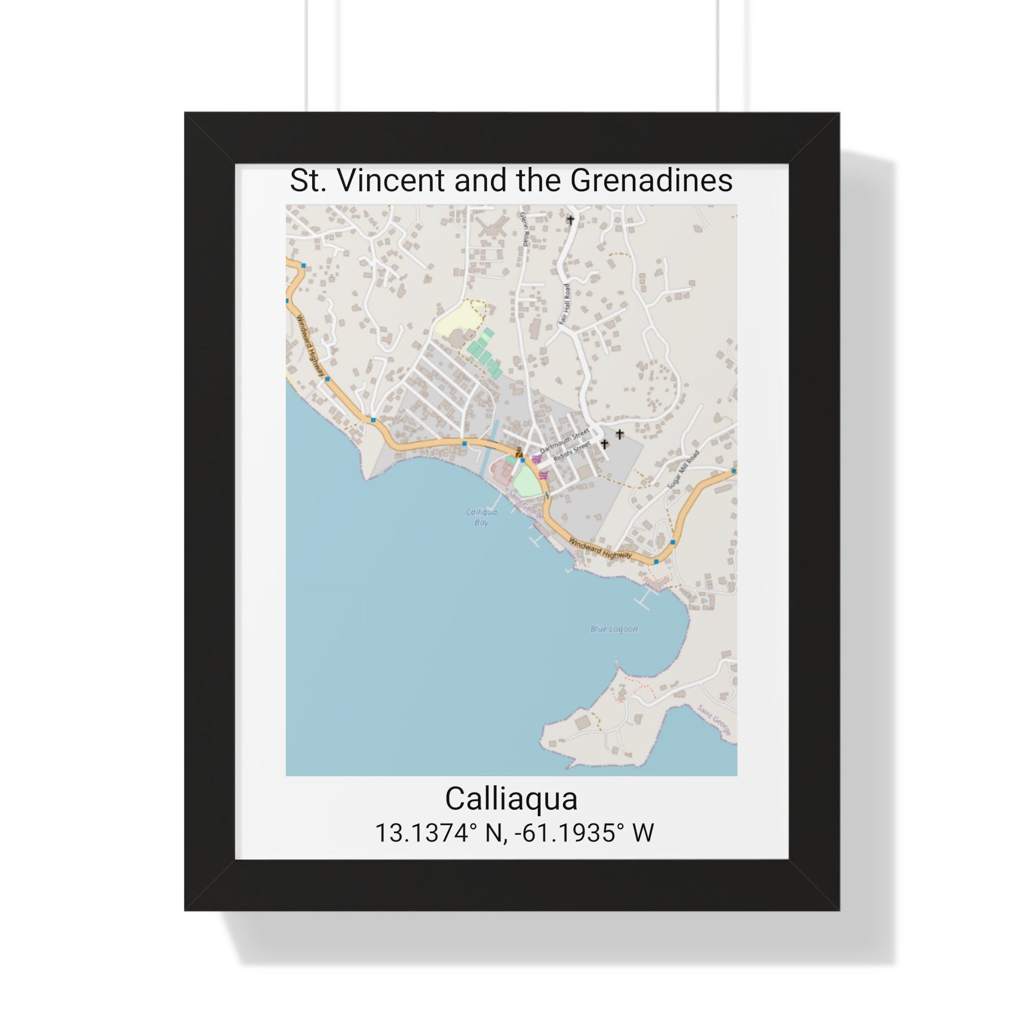 Calliaqua St. Vincent and the Grenadines Map Framed Print Poster, City Map Print Poster. Village Map Print Poster, Road Map Print Poster, Framed Vertical Poster