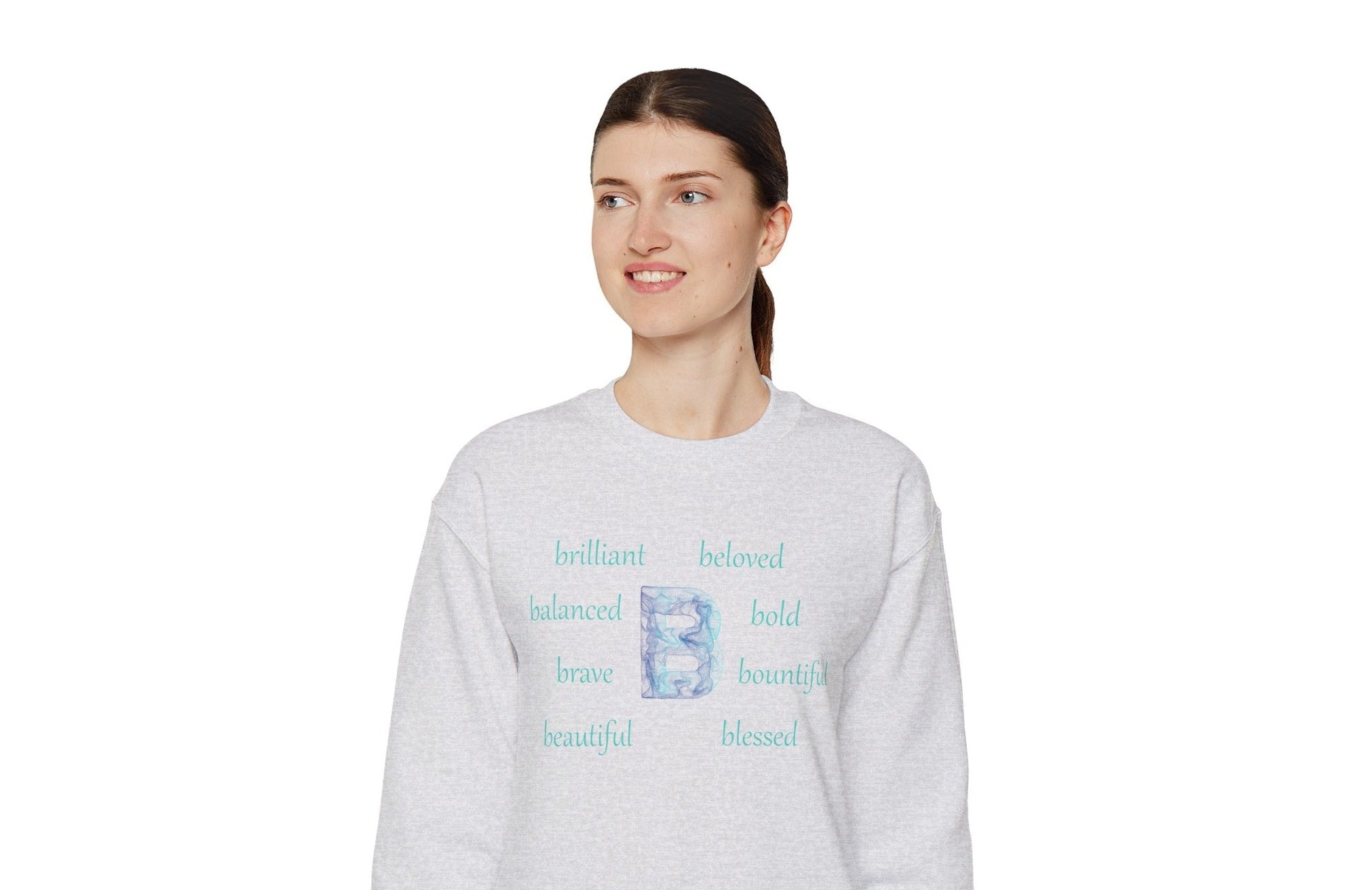 ash grey sweatshirt with the letter B surrounded by positive b words