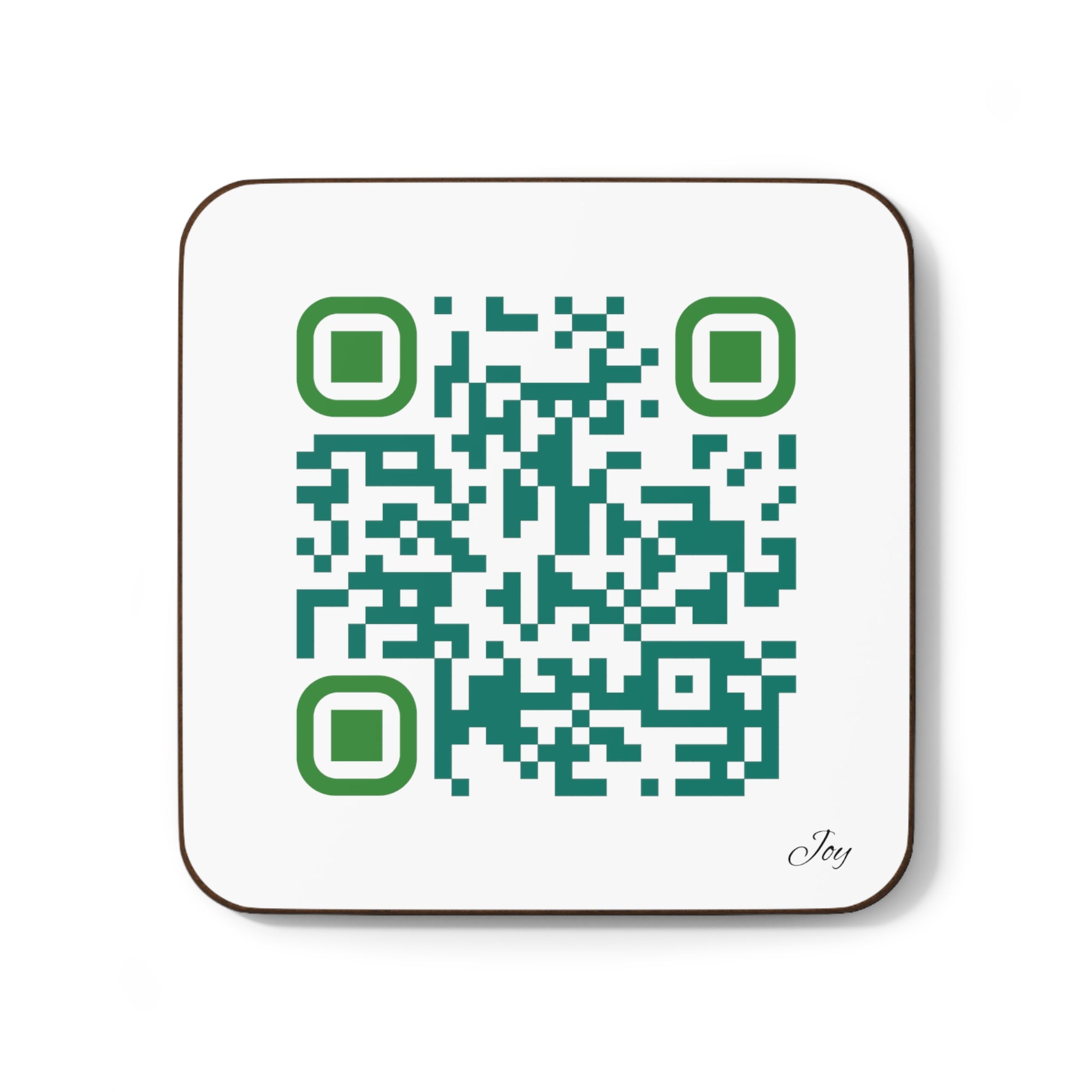 hardboard back coaster with the QR Code for 'cultivate Joy and Happiness'