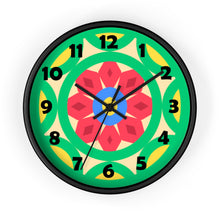 Load image into Gallery viewer, 10 inch round wall clock with a green, yellow, red and blue geometric mandala design
