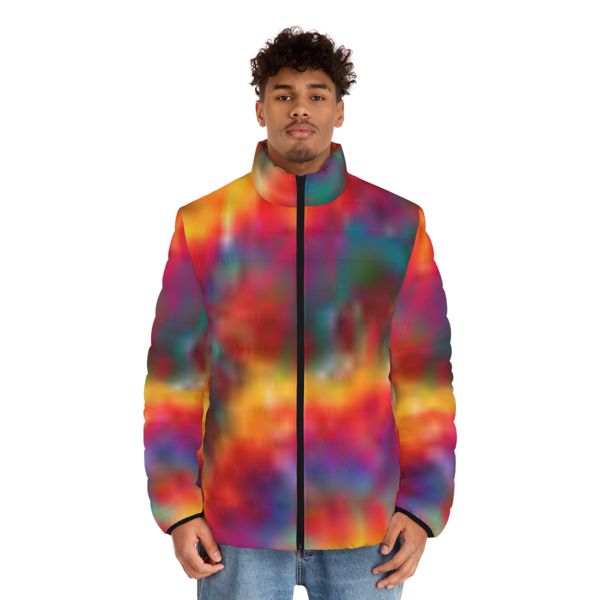 men's puffer jacket in tie-dye colors of blue, green, red, yellow and orange 