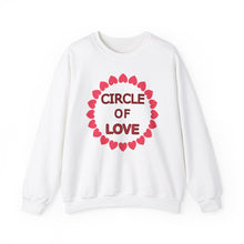 Load image into Gallery viewer, White unisex sweatshirt with a circle of hearts enclosing the words &#39;circle of love&#39;
