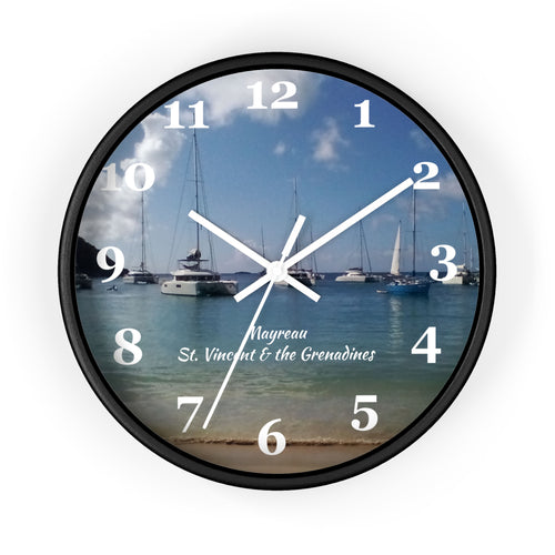10 inch round wall clock showing a picture of boats at Mayreau beach in St. Vincent and the Grenadines