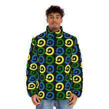 Load image into Gallery viewer, men&#39;s puffer jacket with St. Vincent and the Grenadines&#39; national colored spirals
