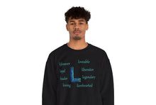 Load image into Gallery viewer, black sweatshirt with the letter L surrounded by l words
