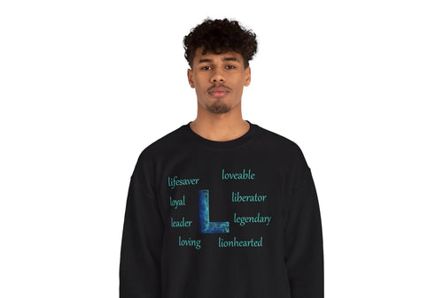 black sweatshirt with the letter L surrounded by l words