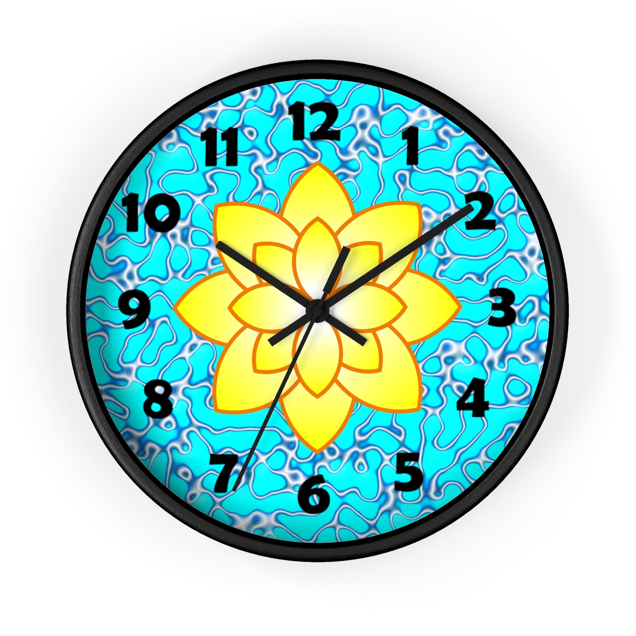 10 inch round wall clock with a yellow lily on a blue marble background