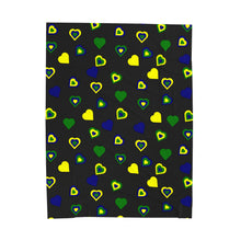 Load image into Gallery viewer, black velveteen plush blanket with St. Vincent and the Grenadines colored hearts
