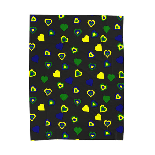 black velveteen plush blanket with St. Vincent and the Grenadines colored hearts