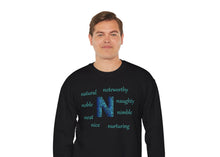 Load image into Gallery viewer, black sweatshirt with the letter N surrounded by motivational n words

