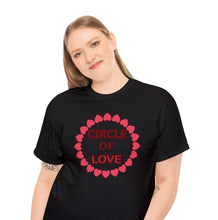 Load image into Gallery viewer, black unisex t-shirt with caption &#39;circle of love&#39; inside a circle of pink hearts
