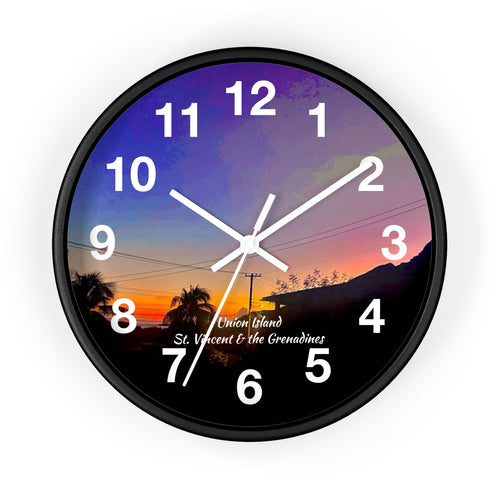 10 inch round wall clock featuring a photo of a blue, purple and orange sunset in Union Island, St. Vincent and the Grenadines