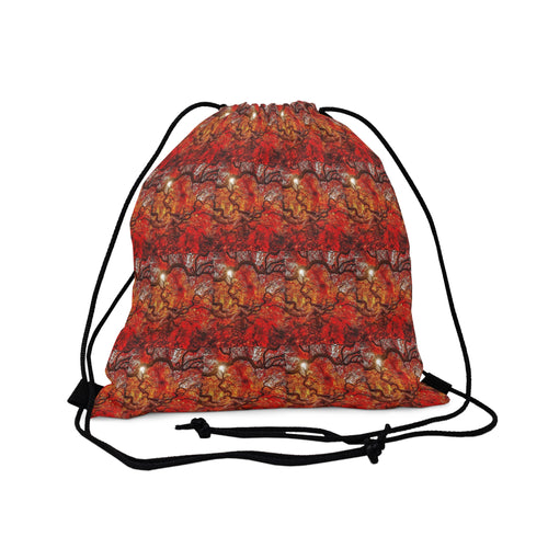 drawstring bag with a design reminiscent of fiery autumn leaves