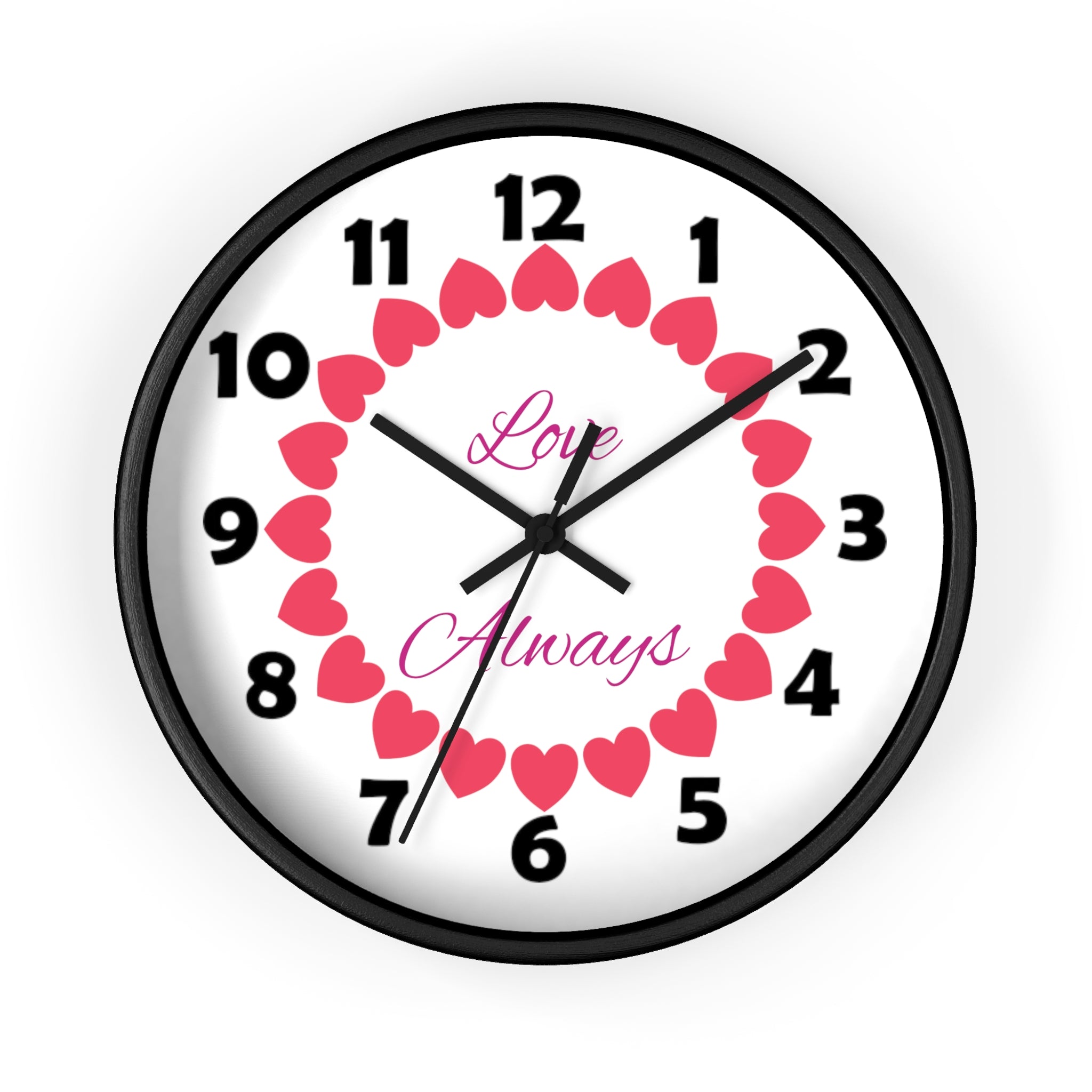 10 inch round wall clock with a ring of hearts and the message Love Always