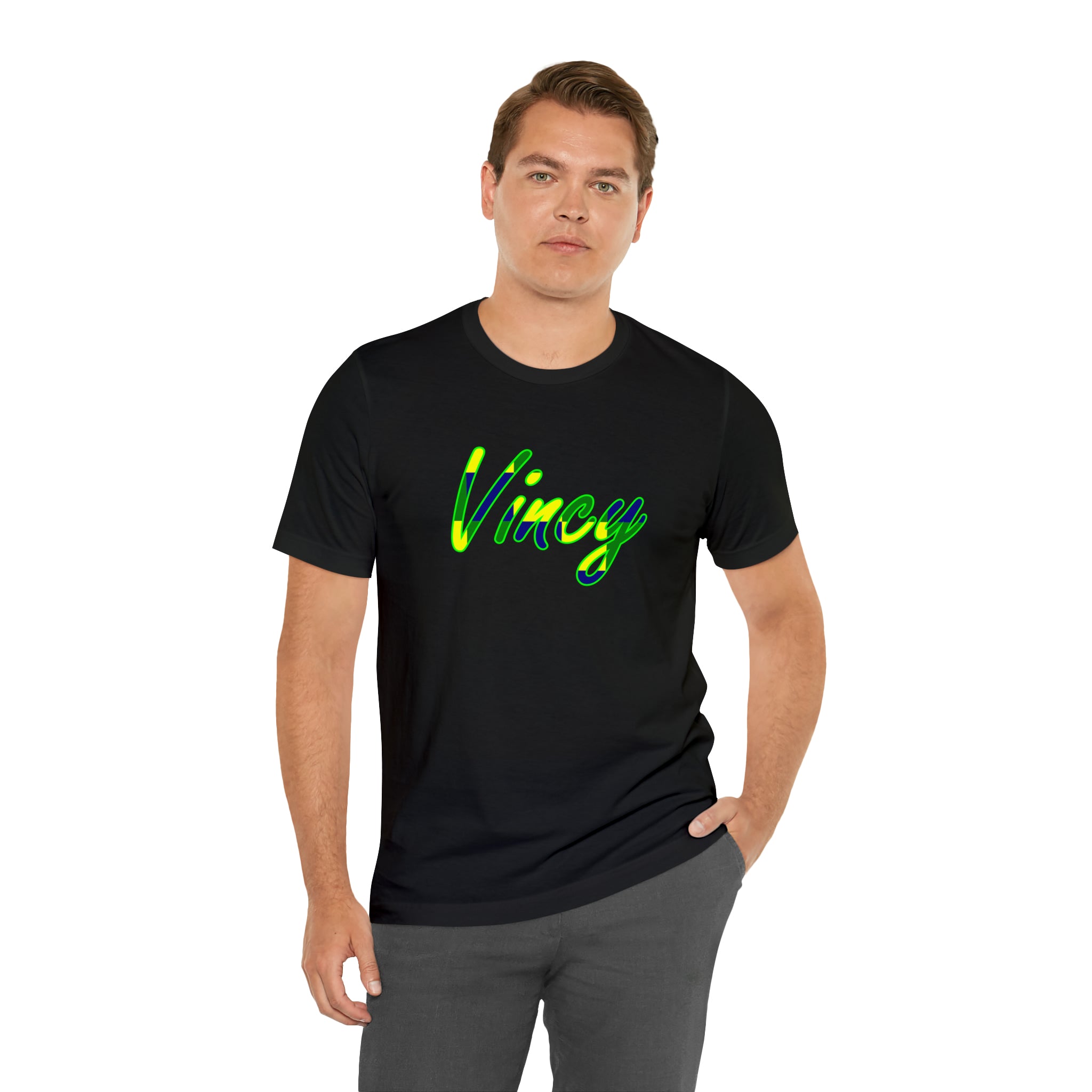 'Vincy' written on a black t-shirt in yellow and green