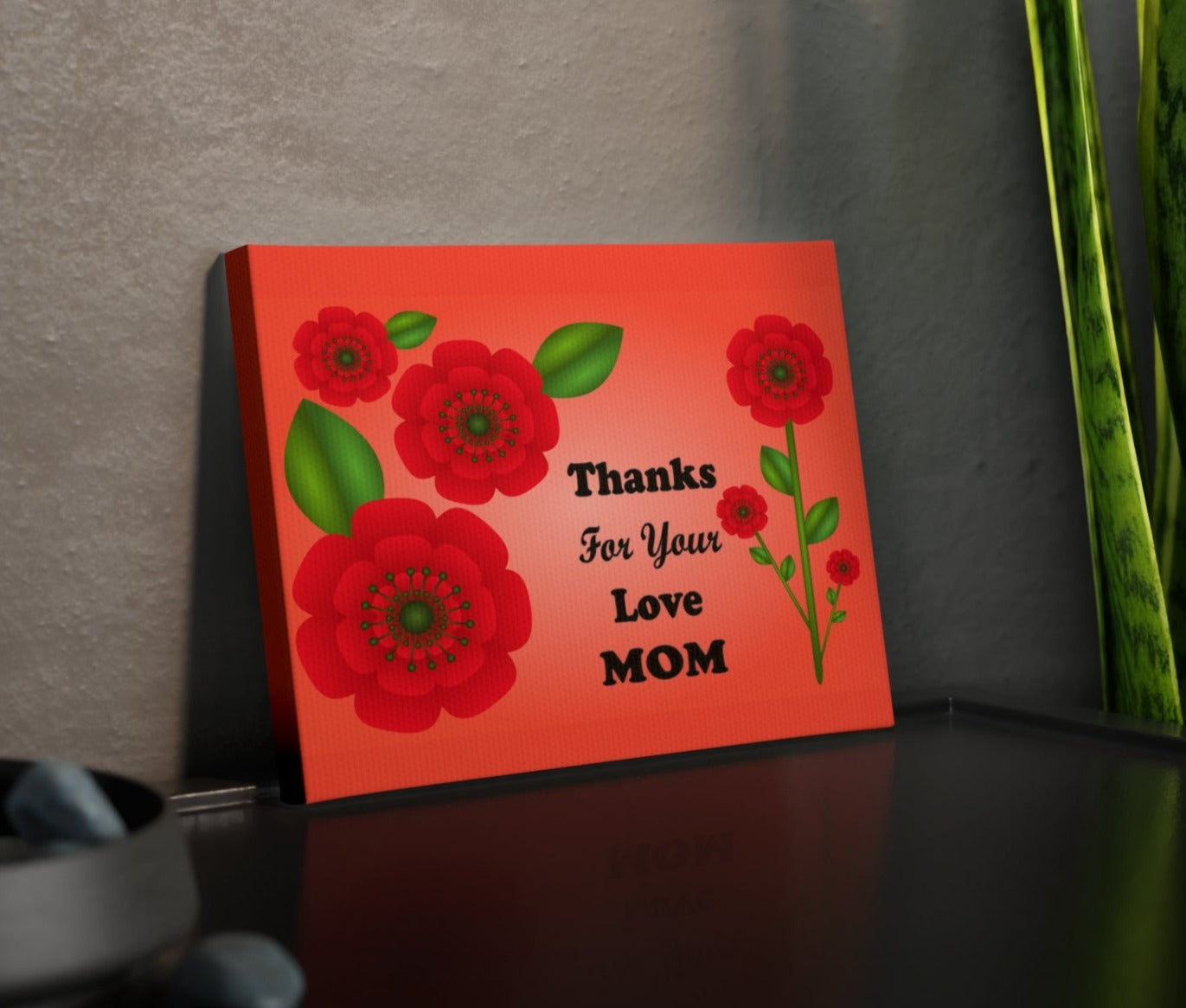 rose red canvas photo tile with caption 'thanks for your love mom'