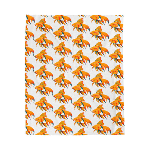 white velveteen plush blanket with a goldfish design