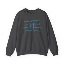 Load image into Gallery viewer, M Alphabet Sweatshirt, Optimistic, Mental Health, Motivational Alphabet Initial &quot;M&quot; Unisex Heavy Blend™ Crewneck Sweatshirt, Self-affirming Sweatshirt
