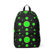 Load image into Gallery viewer, black unisex backpack with green spots
