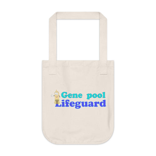 organic canvas tote bag with the caption 'gene pool lifeguard'