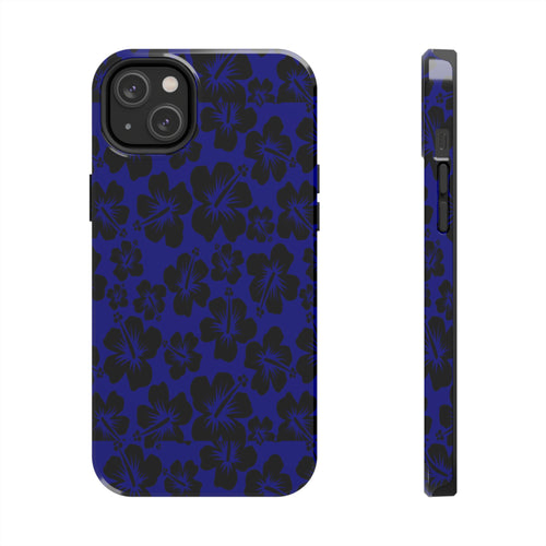 black hibiscus flowers on tough blue iphone phone case if various sizes