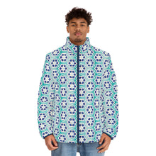 Load image into Gallery viewer, blue men&#39;s puffer jacket with blue geometric design
