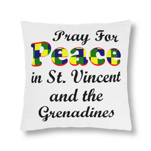 Load image into Gallery viewer, white waterproof pillow with the caption pray for peace in St. Vincent and the Grenadines with &#39;peace&#39; in national colors
