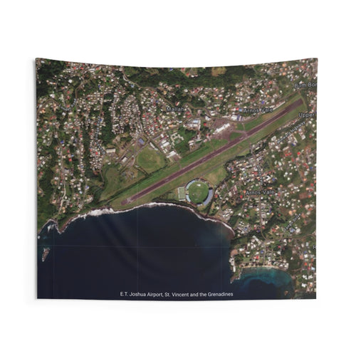 Polyester wall tapestry showing a satellite image of E.T. Joshua Airport in St. Vincent and the Grenadines