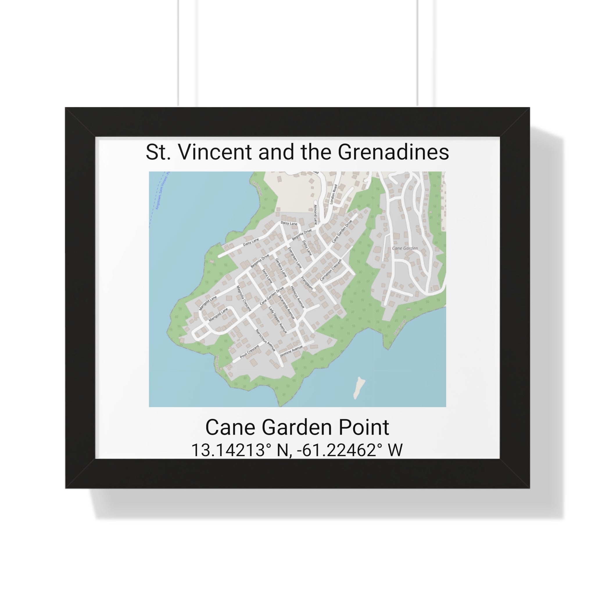 Framed map poster of Cane Garden Point in St. Vincent and the Grenadines