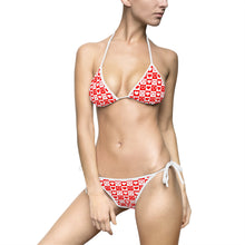 Load image into Gallery viewer, bikini set with red and white hearts inside red and white squares
