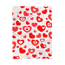 Load image into Gallery viewer, rectangular, white plush blanket with a red and white hearts design
