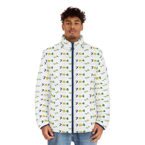 white men's puffer jacket with 784 repeated in blue, yellow and green numerals