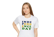 Load image into Gallery viewer, independence day in St. Vincent and the Grenadines national colors on a white t-shirt
