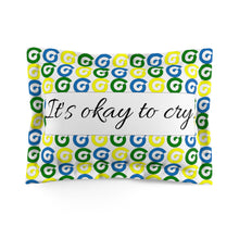 Load image into Gallery viewer, Microfiber pillow sham with caption &#39;it&#39;s okay to cry&#39; and covered with spirals in St. Vincent and the Grenadines national colors.
