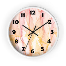 Load image into Gallery viewer, 10 inch round wall clock with pastel wisps and pink and orange wave design
