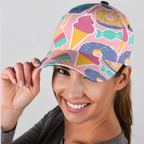 Classic cap with pictures of candy, donuts, ice cream and lollipops