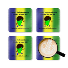 Load image into Gallery viewer, St. Vincent and the Grenadines Independence Coaster Set – 4-Piece Cartoon Map Drink Coasters with National Colors &amp; Fun Caption

