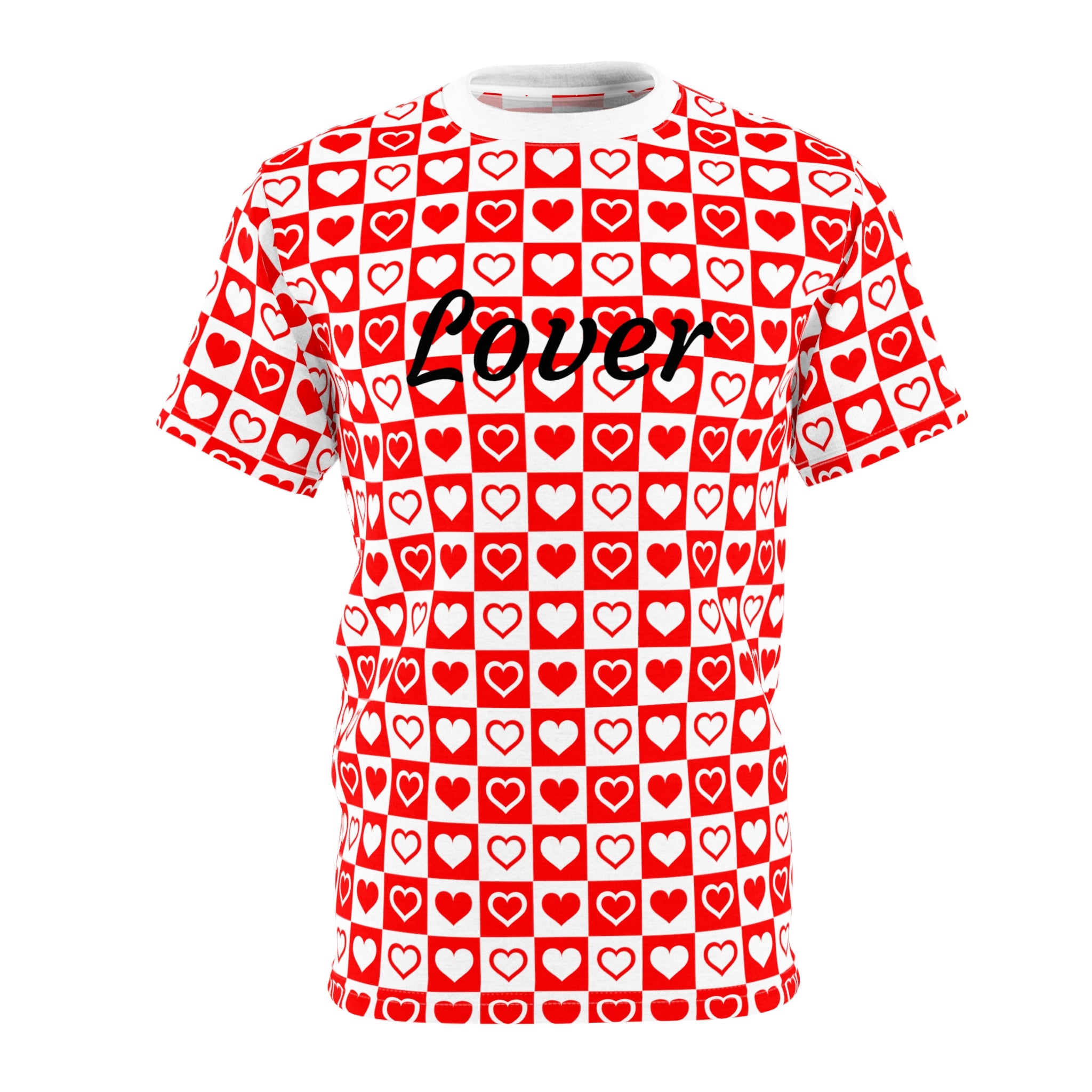 unisex t-shirt printed all over with red and white hearts inside red and white squares and the word 'lover' written in black across the chest