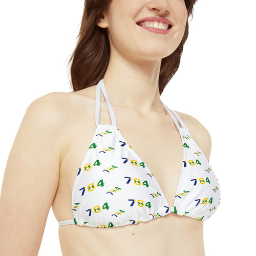 bikini set with St. Vincent and the Grenadines area code 784 repeated in national colors of blue, yellow and green