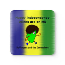 Load image into Gallery viewer, St. Vincent and the Grenadines Independence Coaster Set – 4-Piece Cartoon Map Drink Coasters with National Colors &amp; Fun Caption
