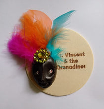 Load image into Gallery viewer, St. Vincent &amp; the Grenadines Volcanic Ash Souvenir Magnet – Carnival Face with Feather Headband on Wooden Base

