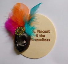 Load image into Gallery viewer, St. Vincent &amp; the Grenadines Volcanic Ash Souvenir Magnet – Carnival Face with Feather Headband on Wooden Base
