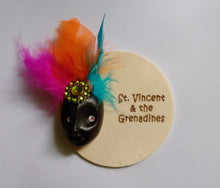Load image into Gallery viewer, St. Vincent &amp; the Grenadines Volcanic Ash Souvenir Magnet – Carnival Face with Feather Headband on Wooden Base
