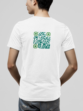 Load image into Gallery viewer, white t-shirt with QR Code showing A real friend wouldn&#39;t hurt you message
