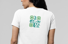 Load image into Gallery viewer, White t-shirt with the QR Code for &#39;Be Brave&#39; on the back and the word bravery on the front

