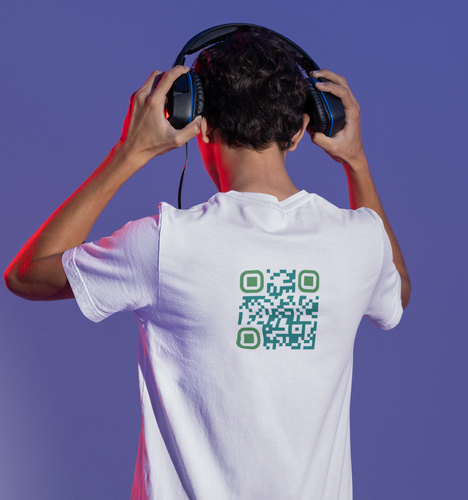QR Code for 'believe in yourself' on the back of a white t-shirt